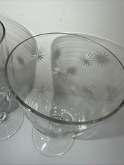 VTG MCM Atomic Starburst 6” Footed Aperitif Wine Etched Glass 3” Wide Set Of 2