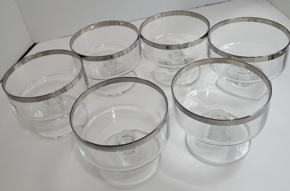 Set of 6 Vintage MCM Silver Rimmed Stemmed Short White Wine Glasses Dessert Dish