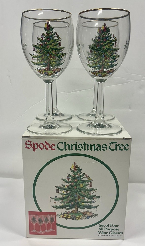 Spode Christmas Tree Stemmed Wine Glasses w/ Original Box – Set of 4 Gold Rim
