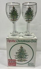 Spode Christmas Tree Stemmed Wine Glasses w/ Original Box – Set of 4 Gold Rim
