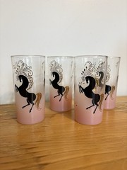 Set of four vintage Libbey frosted pink highball glasses horses 22K Gold Accents