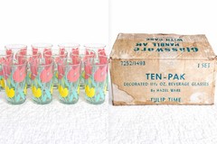 Vintage Hazel Ware Tulip Time Glasses Set of 10 w/ Box Mid Century Floral