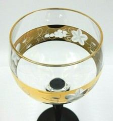 VINTAGE BLACK STEM CRYSTAL WINE GLASS WITH ETCHED & CUT GOLD BANDS
