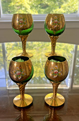 4 Tre Fuochi Murano Liqueur Glasses Hand Painted Gold Overlay Green Glass