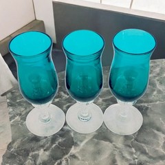 Set Of 3 Vintage Italian Turquoise Blue Clear Blown Glass Aperitif Glasses