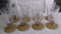 Set of 8 5 1/2″ Tall Crystal and Amber Crackle Glass Dinner Glasses