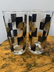 Vintage MGM Black And Gold Starburst High Ball Glasses Set Of 2 Retro Bar Ware