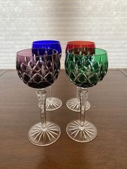 SET(4) AJKA Arabella Multicolored Cut To Clear Crystal Hock Wine Glasses 8.25″H