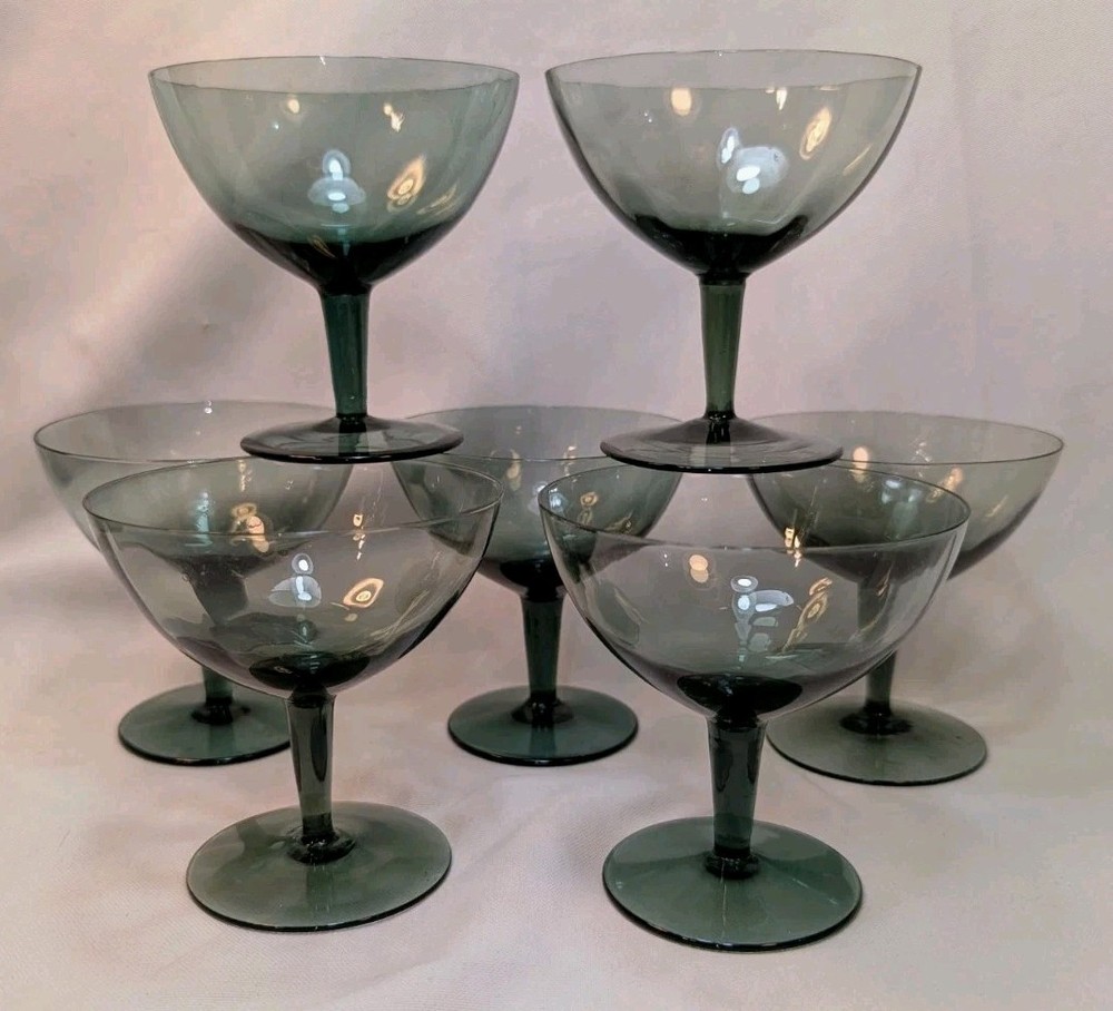 MCM Smokey Chrome Green Ribbed Champagne Glasses Libbey? Set of 7