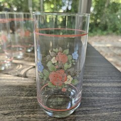 Vintage Pfaltzgraff Tea Rose Libbey Tumbler Drinking Glasses Pink Bands Set of 4