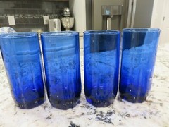 4 Anchor Hocking Cobalt Blue 6″ Glass Tumblers 16 oz Alexis ? EUC