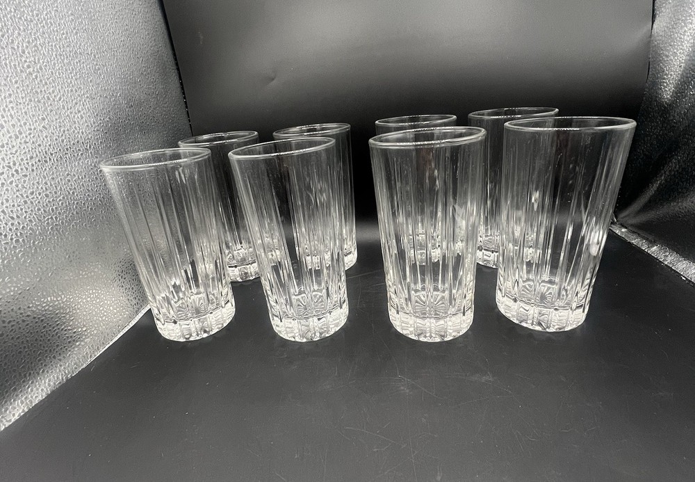 Vintage Set of 8 Clear Fluted Highball Tumblers Heavy Pressed Glass 6.25”
