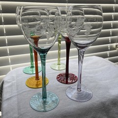 6 Vintage Etched Glass Wine Glasses With Different Color Stems Beautiful