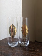 (2) Zodax Stemless Champagne Flutes Glasses Gold Leaf Pattern