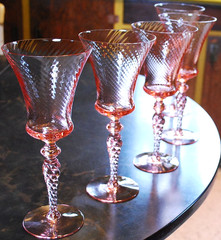Vtg Set 5 TIFFIN FRANCISCAN Water Goblet Glasses PINK SWIRL OPTIC 8.75″ 15022