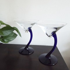 Libbey Bravura Martini Glasses (Set of 2) Cobalt Blue Curved Stem Vtg Barware