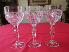 Set 3 Vtg Bohemian Diamond Fan Crystal Hock Wine Glasses w/Hex Wafer Stem 6 3/8″