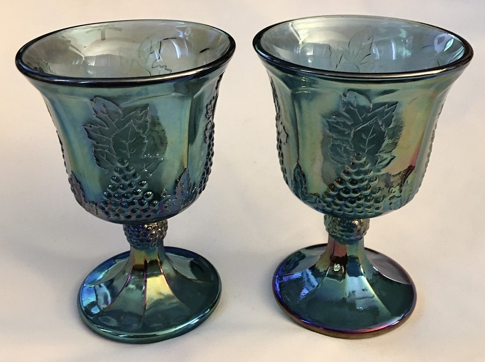 Vintage Set Of 2 Indiana Blue Carnival Glass Harvest Grape 8oz Goblets 5-1/4”