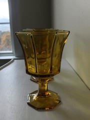 3 Vintage Amber Octagonal Independence Farmhouse Water Wine Tea Goblet Footed 6″