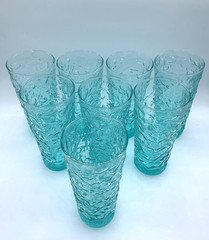 Vtg Anchor Hocking Aquamarine Lido MCM Crinkle Glasses Complete Set of 32 (8 Ea)