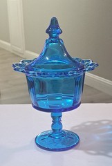 Vintage Imperial Glass Company Candy Dish & Lid Open Lace Rim Edge Blue 10″