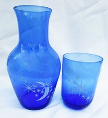 Tumble up blue glass moon & stars bedside decanter carafe set excellent