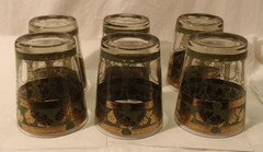 Vtg Set (6) Cera Golden Grapes Green Low Ball Glass 22 Kt Gold MCM 4.5″ tall