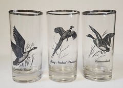 3 Vintage Silver Rimmed Federal Glass Birds Tumblers Drinking Glasses 12 fL. oz.
