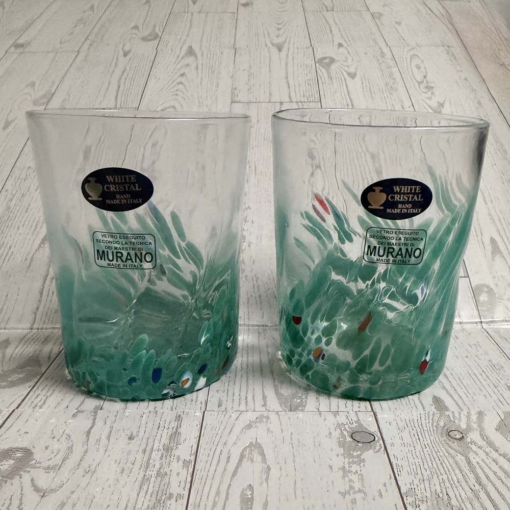 2 New Murano White Cristal Crystal Confetti Art Glass Tumblers Italy Italian