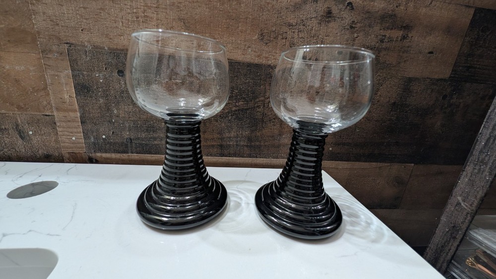 Vintage German Roemer Green Beehive Stem Wine Glasses Crystal Set of 2