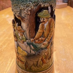 DBGM Original Vintage Signed German Ceramic Painted Glazed Pewter Lid Beer Stein