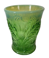 VTG Mosser Glass Tumbler Green Thistle Opalescence Rim Tumbler 4″ Tall