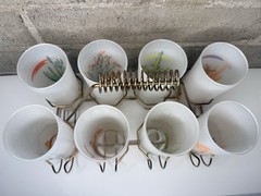Vintage Arizona Cactus Frosted Glasses Set of 8 Tumblers w Metal Carrier MCM