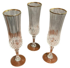 Clear Cut Glass Tall Champagne Flutes Set Of 3 Diamond Pattern Gold Trim Classic