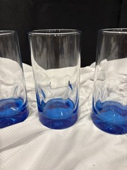 Four (4) Vintage Libbey Crisa Blue Impression Thumbprint Glass 5 5/8” Tumblers