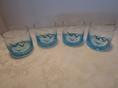 Vintage MCM set 4 Ice Blue glass Seagull Double Old Fashion Rocks Whiskey 10 Oz