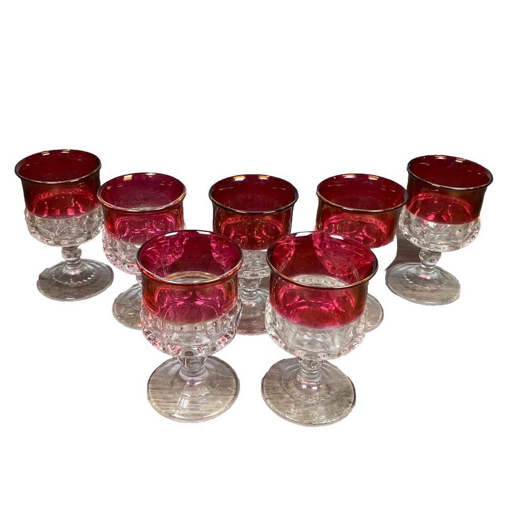 7 x Tiffin Kings Crown Ruby Red Flash Thumprint Goblets Water Glass Vintage
