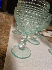 Vintage Style Sage Green Hobnail Beaded Goblets Dbl. Ball Stem Glassware Set (8)