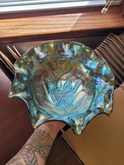 Super Aqua Fenton Contemporary Carnival Glass Large Butterfly & Tulip Bowl
