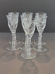 Set of 7 Gray Cut Etched Floral Crystal Cordial Glasses Ornate Cut Stem 5″