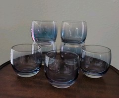 Vintage 1970s Lot Of 7 Roly Poly Federal Glass Blue Purple Iridescent 3.25″T ⭐