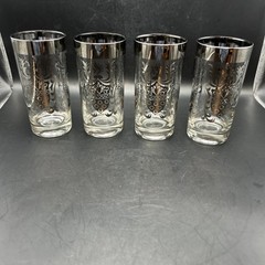 Kimiko Silver Knight Shield Crest Highball Tumbler Glass Barware MCM Set Of 4