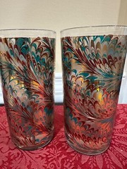 10 of Culver Highball 22k Gold Marbled Swirl Teal Tumbler Glasses MCM Barware