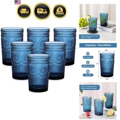 Elegant Vintage Glassware Set of 6 with Textured Flower Design – 13 oz Tumblers