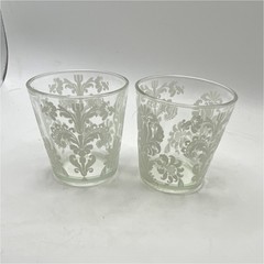 VTG Floral Decorated Glass Tumbler Set Fire Etched White Round Glossy Two-Piece