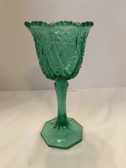 Vintage Green Kemple Glass Challice Goblet Hobstar Pattern Sawtooth Edge 9 3/8″T
