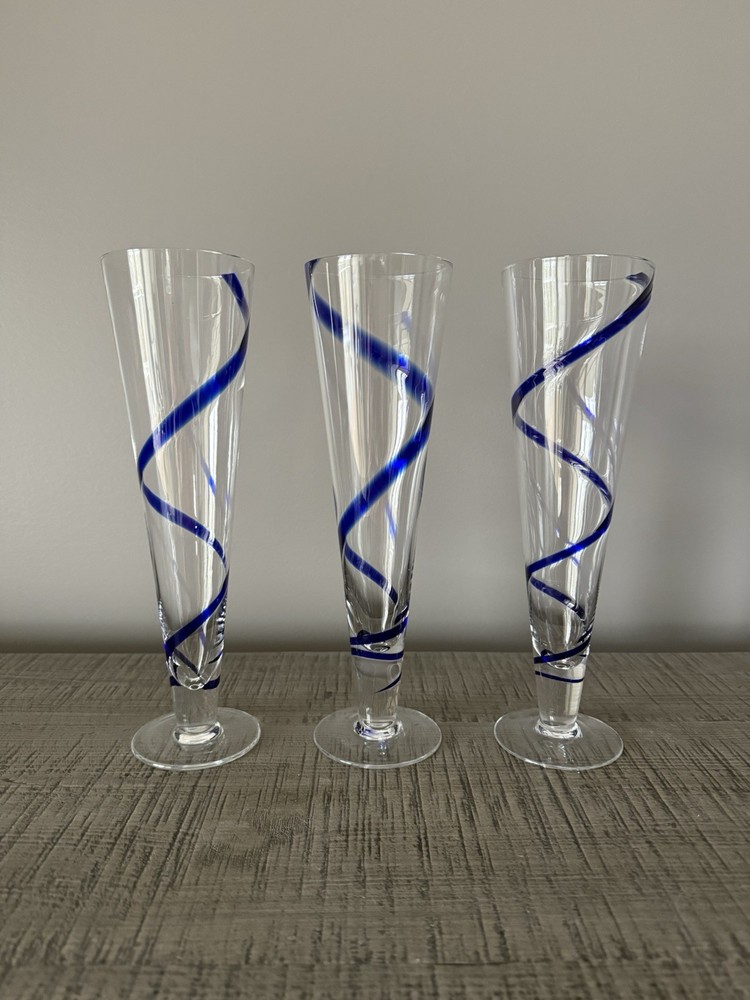 3 Pier 1 Imports Cobalt Blue Swirline Hand Blown Footed Pilsner Beer Glasses