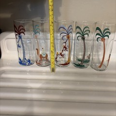 Set of 5 Vintage MCM Libbey Tropical Palm Tree Monkey Camel Tom Collins Glasses