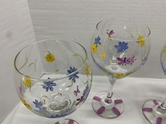 Hand Painted Clear Stemmed Goblets – Flowers & Dragonflies – 8.5” T – Preowned