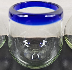 (4) Pier 1 Cobalt Rim Stemless Wine Glasses Set Clear Mexican Hand Blown Art Lot